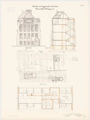 Hygienisches Institut der Albertus-Universität Königsberg: Lageplan 1:500, Grundriss DG, Querschnitt, N-Ansicht 1:100