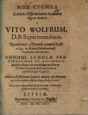 Nox cygnea, exhibens dissertationem in laudem linguae Arabicae