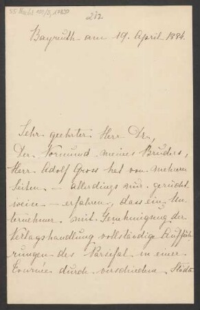 Brief an Ludwig Strecker  und B. Schott's Söhne : 19.04.1884