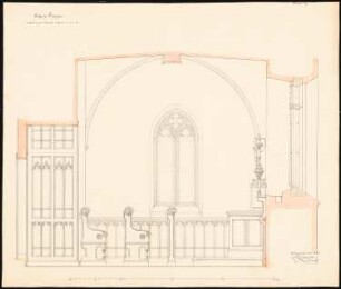 Schlosskapelle, Pitschen: Längsschnitt, Kirchengestühl, Fenster, Maßstabsleiste (Meter)