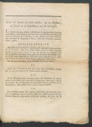 Arrêté du Comité de Salut public, du 25 Messidor, an second de la République une & indivisible.