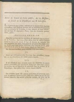 Arrêté du Comité de Salut public, du 25 Messidor, an second de la République une & indivisible.