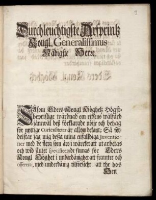 Dedikation für Erbprinz Friedrich v. Hessen-Kassel, Heerführer u. späterer schwed. König; Autograph des Verfassers