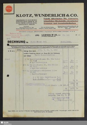 Klotz, Wunderlich & Co., Fabrik ätherischer Öle, Essenzen, künstlicher Riechstoffe, chemischer Produkte und Genußmittelfarben, Leipzig : Rechnung