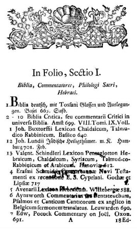 Sectio I. Biblia, Commentatores, Philologi Sacri, Hebraei.