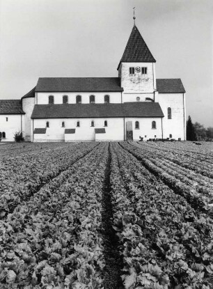 Die Stiftskirche St. Georgauf der Insel Reichenau, inmitten von Gemüsefeldern