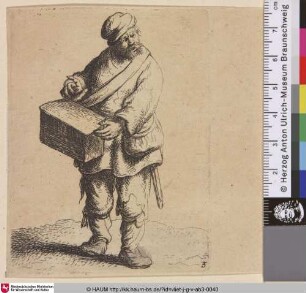 [Der Mann mit dem Tragkasten; Man Carrying a Box; Un mercier portant une cassette attachée à une bandouliere]