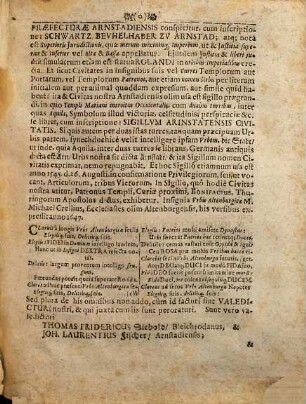 Actum Oratorium Ascetico-Valedictorium De Nonnullis Iudiciorum Civitatumque Insignibus Ac Sigillis, Ut & Statua Rolandina, In Lyceo Schwartzburgico Arnstadiensi, D. VI. Octobr. A.O.R. M.DC.XC. H.L.Q.C. habendum Intimat M. Joh. Fridericus Treiber, Rector