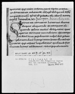 Gregorius Magnus, Homiliae in Ezchielem — Initiale S(ervata), Folio 157recto