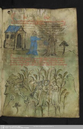 20r: 2 kolorierte Federzeichnungen: oben: Sara vertreibt Agar und Ismael; unten: Ein Engel erscheint Agar, Ismael am Brunnen