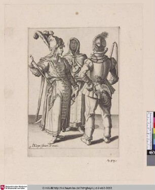 [Ein orientalischer Adliger, ein Bauer mit einem Hahn und eine verschleierte Frau; An Oriental Grandee, a Peasant with a Cock Attached to His Belt and a Veiled Woman Playing the Rumbling-Pot]