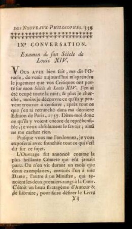 IXe Conversation. Examen de son Siécle de Louis XIV