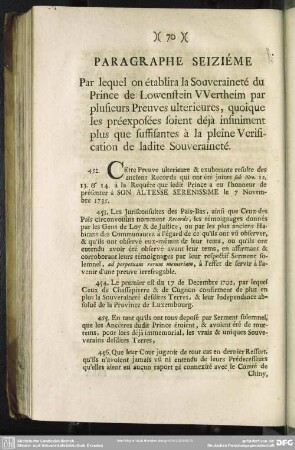 Paragraphe Seiziéme Par lequel on établira la Souveraineté du Prince de Lowenstein Wertheim par plusieurs Preuves ulterieures, quoique les préexposées soient déja infiniment plus que suffisantes à la pleine Verification de ladite Souveraineté