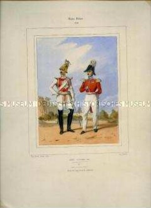 Uniformdarstellung, Kürassier und General der Garde du Corps in Galauniform, Preußen, 1844. Tafel Nr. 284 aus: Galerie militaire. Collection des Costumes Militaires de toutes les Nations. Paris 1840 - 1855.