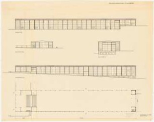 Deutsche Gartenschau 1950 auf dem Killesberg, Stuttgart: Ausstellungshalle in Grundriss und Aufrissen 1:200