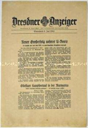 Nachrichtenblatt "Dresdner Anzeiger" mit Meldungen des Oberkommandos der Wehrmacht und des italienischen Oberkommandos u.a. zum U-Bootkrieg