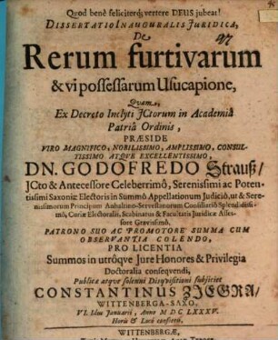 Diss. inaug. iur. de rerum furtivarum et vi possessarum usucaptione