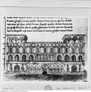 Trattato di Architettura - Codex Valencianus, Buchseite mit einem Palast in sumpfigem Gelände (21. Buch)