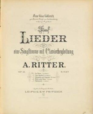 Fünf Lieder : für eine Singstimme mit Clavierbegleitung ; Op. 21 ; No. 1. Im Sturm (Carl Stieler), No. 2. Zum Abschied (Carl Stieler), No. 3. Sehnsucht nach Vergessen (Nic. Lenau), No. 4. Blick in den Strom (Nic. Lenau), No. 5. Todesmusik (J. Schober)