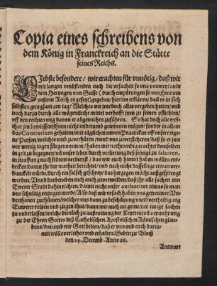 Copia eines schreibens von dem König in Franckreich an die Stätte seines Reichs.