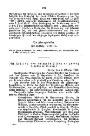 Zahlung von Kriegsbeihilfen an gering besoldete Beamten : [A. Behörden und Beamte]