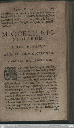M. Coelii Epistolarum Liber Octavus Ad M. Tullium Ciceronem