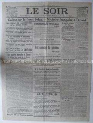 Belgische Tageszeitung "Le Soir" mit Meldungen und Berichten zum Kriegsgeschehen