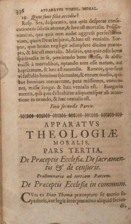 Apparatvs Theologiae Moralis. Pars Tertia. De Praeceptis Ecclesiae. De sacramentis & de censuris.