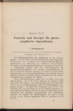 Erster Teil. Formeln und Rezepte für photographische Operationen.