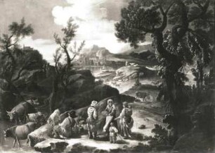 Unbekannter Künstler : Landschaft in reicher Staffage. Öl auf Leinwand; 120 x 170 cm