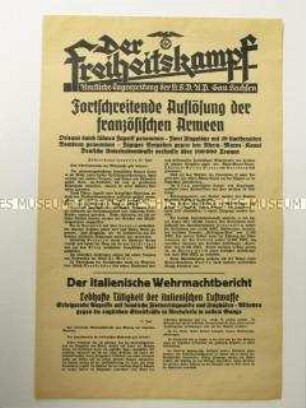 Nachrichtenblatt der sächsischen NSDAP-Zeitung "Der Freiheitskampf" über die Besetzung der französischen Stadt Orléans