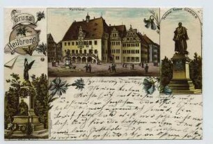Mehrbildkarte, 3 Motive : Rathaus, Denkmal Kaiser Friedrich III. [Kaiser-Friedrich-Denkmal], Kaiser-Wilhelm-Denkmal