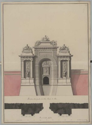 Lille, Porte de Paris, Aufriss Feldseite : Lille, Porte de Paris, Aufriss der Feldseite, Jean de Bodt, 1. Hälfte 18. Jh. Feder, Pinsel in Wasserfarbe/Papier. 59,3 x 43,5 cm. Bez.: "Elevation de La Facade de La Porte Royale de Lille." und "Plan de Ladite facade". Maßstab mit Maßeinheit "Echelle de 100 pieds de Roy." (100 königliche Fuß=30,2 cm)