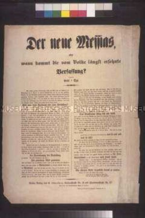 Maueranschlag: Der neue Messias. Anonyme Flugschrift zur Verfassung; undatiert
