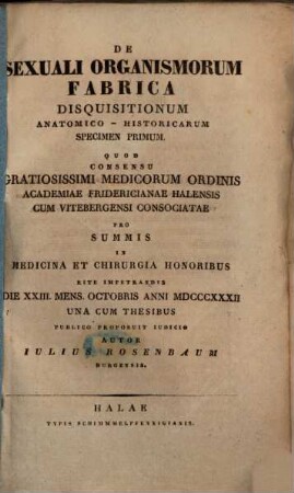 De sexuali organismorum fabrica : disquisitionum anatomico-historicarum specimen primum