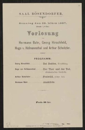 Programmzettel: Vorlesung im Saal Bösendorfer mit Hirschfeld, Hofmannsthal, Schnitzler und Bahr