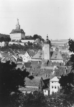 Weida. Stadtansicht : Weida. Stadtansicht mit Rathaus und Schloss Osterburg