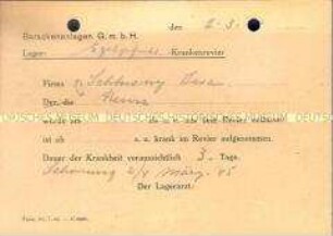 Mitteilung über die Verlegung eines "Ostarbeiters" ins Krankenrevier, Berlin 1945 - Sachkonvolut