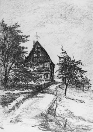 Ebersbach (Lausitz) - Umgebindehaus : Bernkopf, Georg: Ebersbach (Lausitz) - Umgebindehaus. 1956. Kohlezeichnung, unbezeichnet