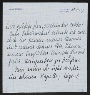 Brief von Lilly Bechtle an Gerhart Hauptmann und Margarete Hauptmann