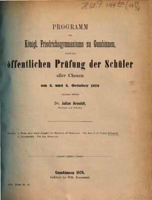 Programm des Königl. Friedrichsgymnasiums zu Gumbinnen : für das Schuljahr ... 1877/78
