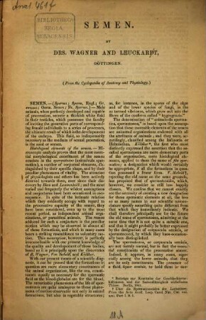 Rudolph Wagner and Leuckart, semen : (From the cyctopaedia of Anatomy and Physiology.) (Von den Versestern dem der. ?? ?? ??.)