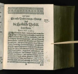 Die erste Vorbereitungs-Predigt Auff die Hiobische Postill. [u. a.]