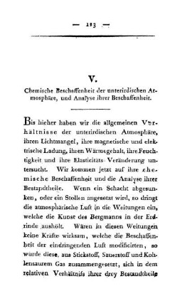 V. Chemische Beschaffenheit der unterirdischen Atmosphäre, und Analyse ihrer Beschaffenheit.