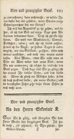 Vier und zwanzigster Brief. An den Herrn Sekretair K.