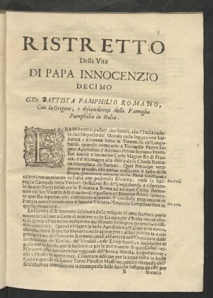 Ristretto Della Vita Di Papa Innocenzio Decimo