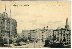 Gruß aus Stettin. Rathaus mit Maznelbrunnen.