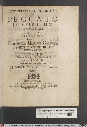 Dissertatio Theologica De Peccato In Spiritum Sanctum