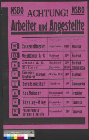 Plakat der NSDAP zu öffentlichen Versammlungen des NSBO (Nationalsozialistische Betriebszellenorganisation) für Arbeiter und Angestellte verschiedener Berufszweige vom 28. Februar bis 5. März 1932 in Braunschweig
