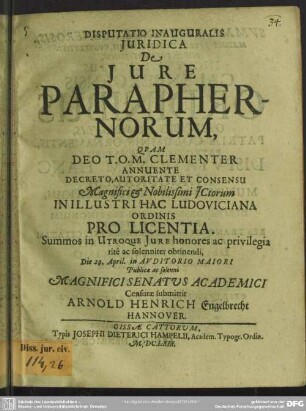 Disputatio inauguralis juridica: De jure paraphernorum